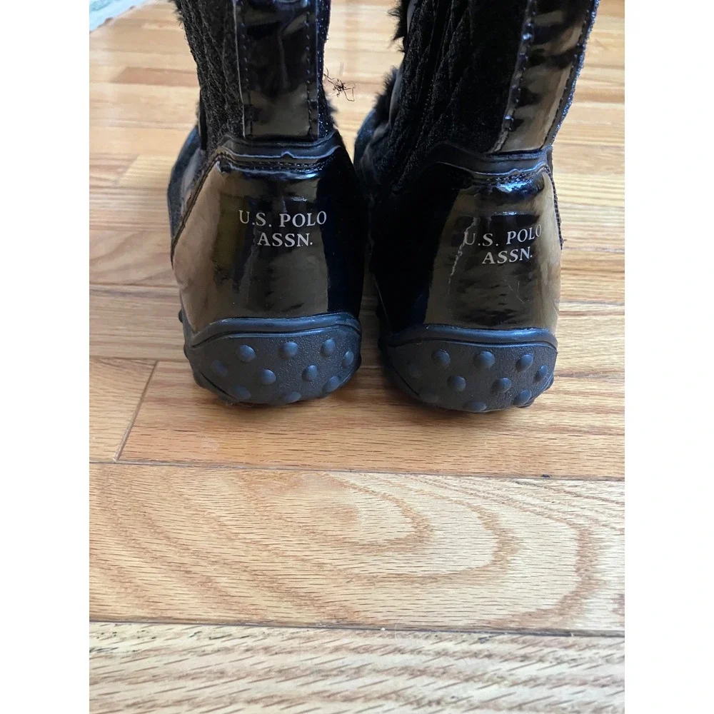 US Polo Assn Black Glitter Quilted Fur Trim Winter Snow Boots‎ Girls Size 6 Logo